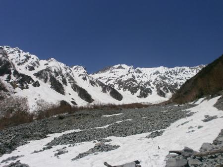 岳沢下の沢筋に到着