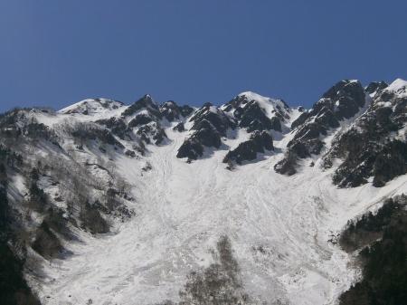 ズームで見ると山スキーのシュプールがある
