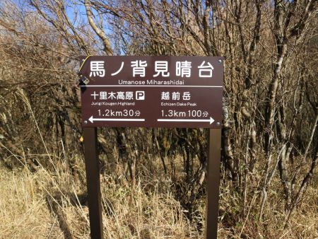 馬の背見晴台にある看板を見ると越前岳まであと1.3kmで100分と記載してある。ここで標高1100m弱であと標高400mほど。1.3kmで100分ということは相当な登りが待っているはず