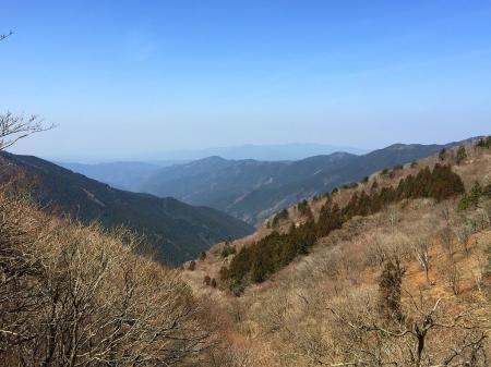 さあ、下山します。今日は大阪方面は霞んでいて、金剛山や葛城山は見えず。あまり好ましくない道なので小走りで下ることに