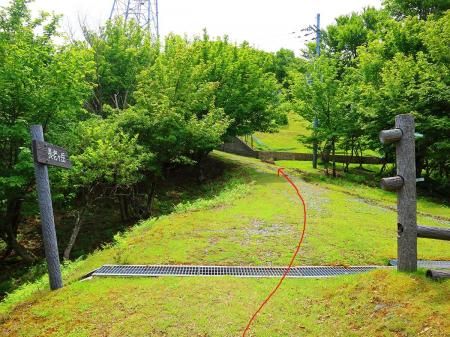 ここで林道っぽい広い道に出る。鉄塔のほうへ登っていく