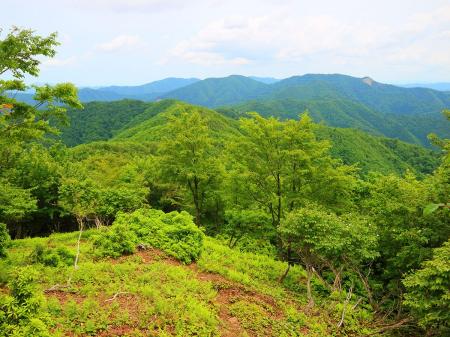 長老ヶ岳から少し下ると東側の展望がひらけていた。このまま尾根道を北東へと歩いていく