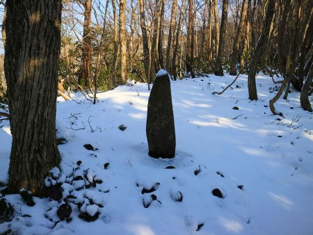 途中に石に何か文字が彫られたものがった。墓なのか何なのかよくわからなかった