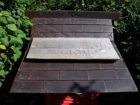 山頂看板を探しているとさっきの何か祀られてるところの屋根の上にあった