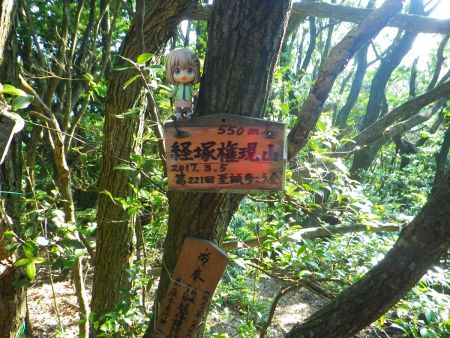経塚権現山の山頂プレートと雪村あおいちゃんを撮影しておいた