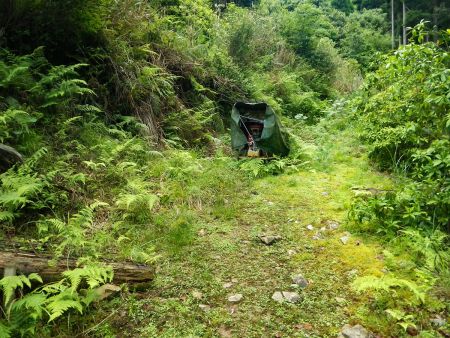 このトラクターのようなところでも分岐だが、ここは右に行って橋を渡るのが正解。道なりに行くとコースアウトになる