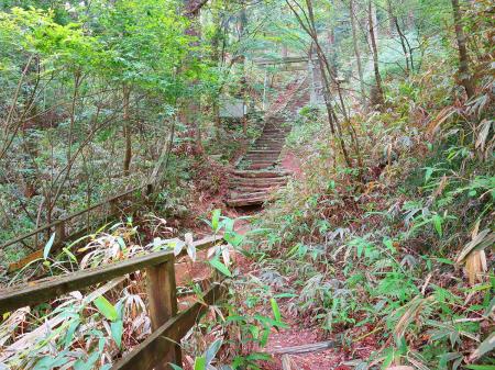 山頂直下のAコースとBコースの合流地点。鳥居のある階段を登っていく
