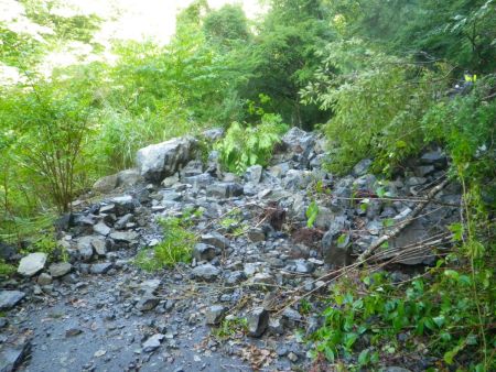 ここが土砂崩れした場所。すごいことになっている