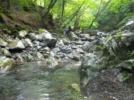 赤鍋滝の上部の岩を登ると、そこからは単なる沢歩きが続く。ここからしばらく長い