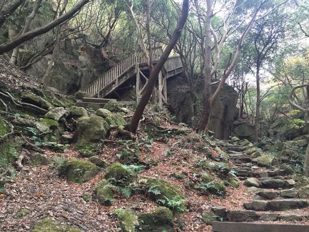 ここで右にいくと月輪の滝。左の階段がルート