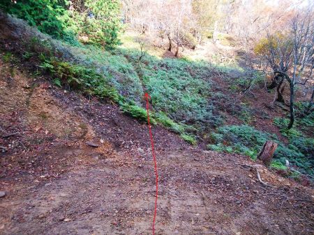 広い道が終わり、ここから中央のわずかな踏み跡のところから尾根へ登る