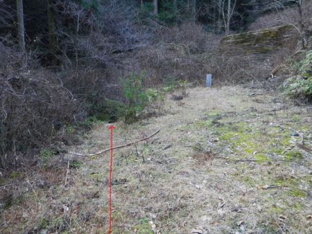 林道の終点に到着。ここがおおたわの谷で左側に下りて稜線まで谷を登っていく