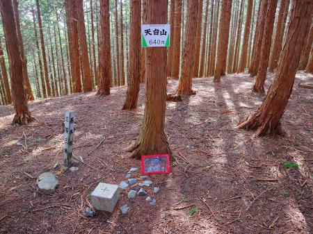 天台山山頂(639.7m)に到着。ここには三角点も設置されていた。標高640mとなってるけど切り上げかな