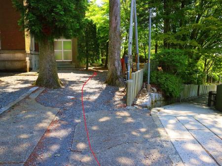 三角点に行くために参道からここを左へ入って奥の道を左のピークへ登る