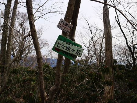 大きなプレートに七七頭ヶ岳(693.12m)と記載されていた。小数点第二位まで標高を調べたんだろうか！？下のプレートは693.14mと記載されているけど・・・