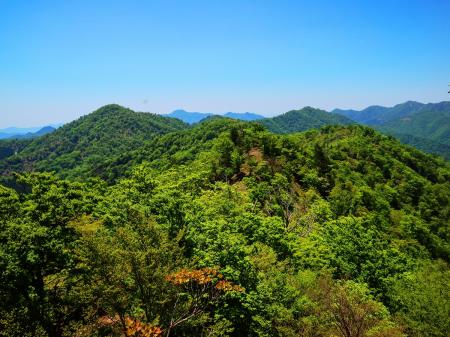 般若岳のピークから少し下りた岩場の上から今まで歩いてきたところを撮影。これ見ると結構なアップダウンのある距離を歩いたんやね