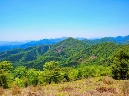 般若岳を下ってすぐのところからまた展望があるところがあったので撮影。南東側だし何の山が見えてるのかわからん