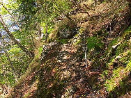 トラバースの鎖場。ここ積雪時はかなりヤバそうだ