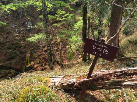 七つ池に到着。まだ残雪あったのがびっくりした