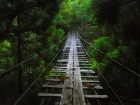 法師山登山口の吊り橋を渡る。この吊り橋がかなり揺れるんだよね