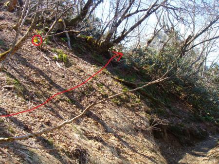 キレットの鎖があるところを登りきったところくらい。左側にもピークがある手前のところに黄色のテープがあり、そこを斜めに登る