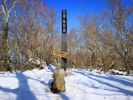 三角点と山頂看板を入れて雪村あおいちゃんを撮影。ここで休憩しても仕方ないので芝地まで下ることにした