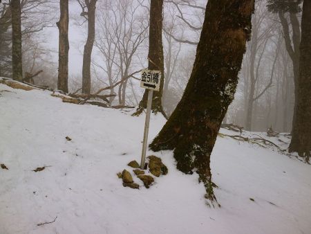 金引尾根分岐に到着。歩きにくい靴とアイゼンのせいで時間がかかってしまった
