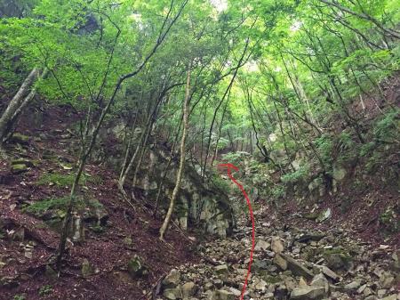 最初は谷のガレ場を登っていき尾根へ取り次ぐ