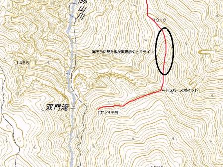 トサカ尾根からのザンキ平肩までのトラバースルートを地図にまとめてみた