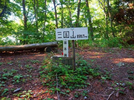 三国山山頂(885.7m)のプレートと三角点が設置されている。地理院地図では航空設備付近が山頂になってるけど、その付近は何もないのでここが一応山頂になっているのだろう