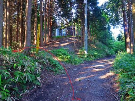 三国山山頂からさらに進んでここで道路に降りる。さっきの三国山への登り口がわからなかった場合は、ここから左に折れても登っていける