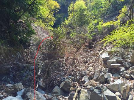 水無滝の手前、ここが一番酷く荒れていてどう行こうか考えたら、左側の砂地を無理矢理登るしかなかった