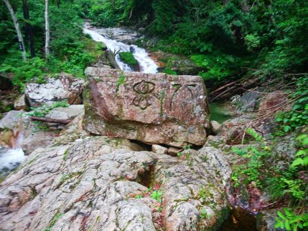 よく画像で見る岩に変な文字が刻まれた岩があった。今回、数度目だけど初めてみた