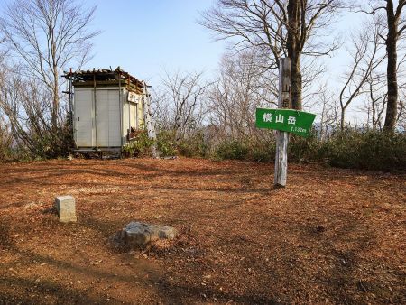 横山岳(1131.7m)に到着。看板には1132mと東峰と同じ標高が記載されているけど、実際は東峰よりちょっと低いようだ