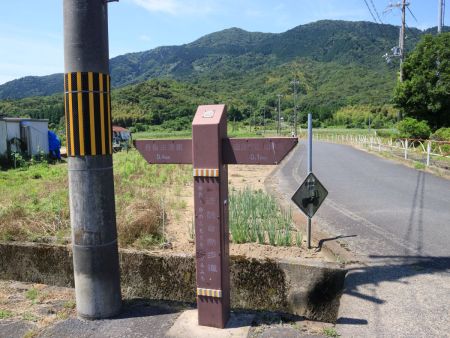 道路を歩いてここから山のほうへ進んでいく。向かいの山が由良ヶ岳だと思われる