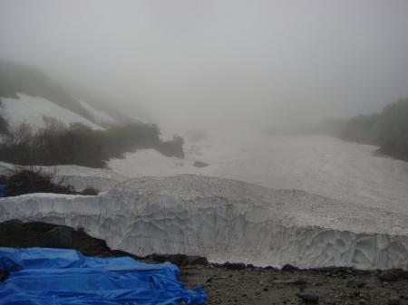 ここから大雪渓を歩いていくがちょいガス状態