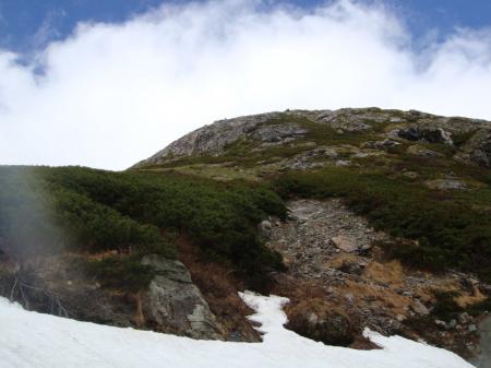 青空も見えてきたが、岩室の急斜面上部、頂上宿舎まであと標高150mかなりの突風。
