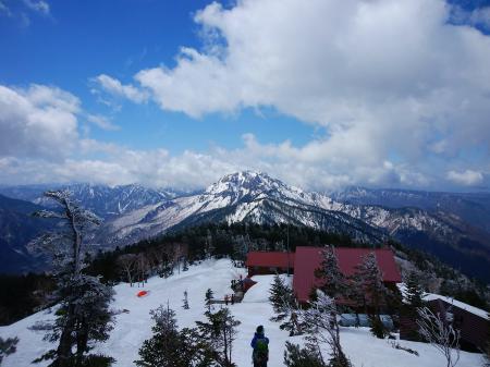 どこまで行けるかわからないけど上を目指す。後ろを振り向くと立派な焼岳が見えた