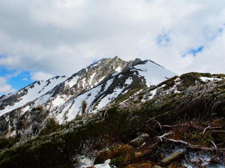 せめて尖がったピークまで行ければいいかなっと思いながら歩くが、ガレ場でアイゼンも歩きにくい