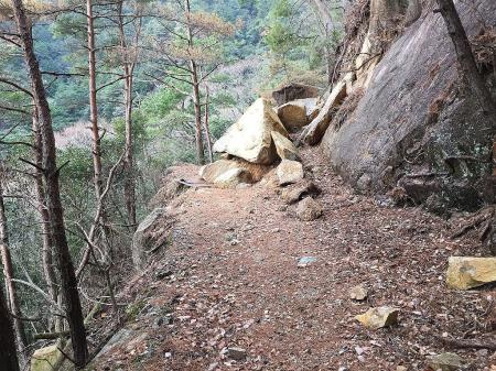 ところどころ落石箇所があり