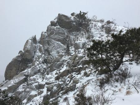 岩場のピーク。晴れていたらかなり展望はよさそうだけど吹雪で何も見えず