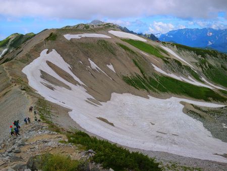 こっち側は雪渓がすごいね。こういうのを見ると北アルプスって感じがする