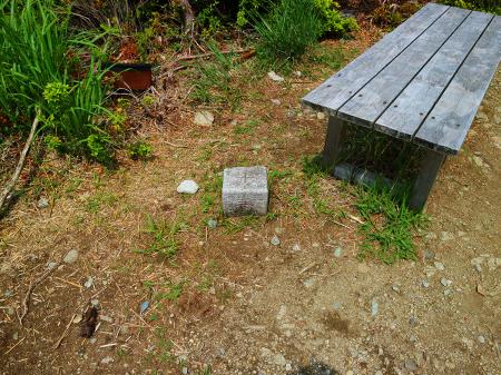 山頂に着いた時は気づかなかったけど椅子の下に山頂三角点があった。少し欠けてるけどね