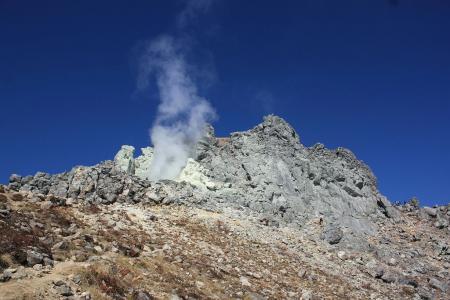 1時間ほどで稜線、噴煙真下に到着。シューッと火山ガス