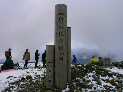 塔ノ岳(1491m)に到着。すでにガスってる。時折ガスがはけて景色がかすかに見えるけど、またすぐガスる