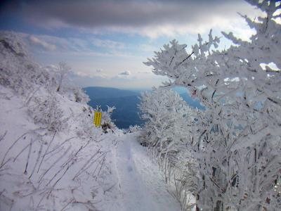 下山時も霧氷を撮影してみるが、また雲がでてきて青空がなくなった。タイミングが悪すぎる