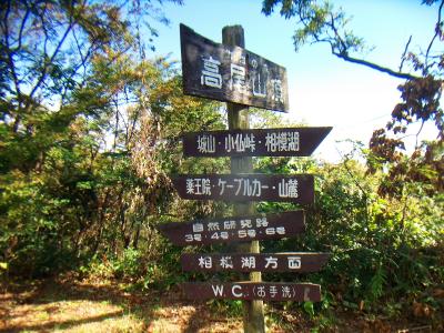 高尾山頂(599m)。山頂看板は相変わらず派手というか看板いっぱい
