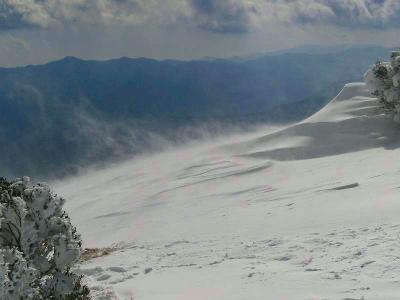 八丁平に来た。風が吹いていて雪が舞うシーンはちょっと神秘的かも