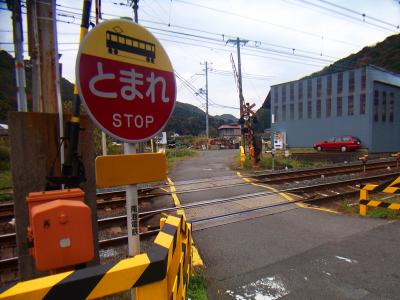 踏み切りを渡る