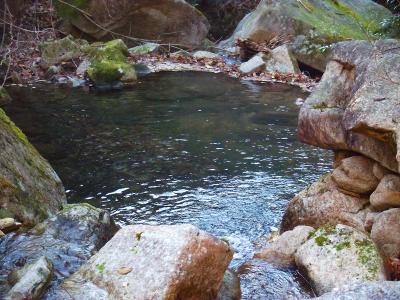 さわがに広場付近。ここから沢を渡って林業用の舗装道に出る。舗装道を下っていくと最初の剣尾山登山道入り口にたどり着く